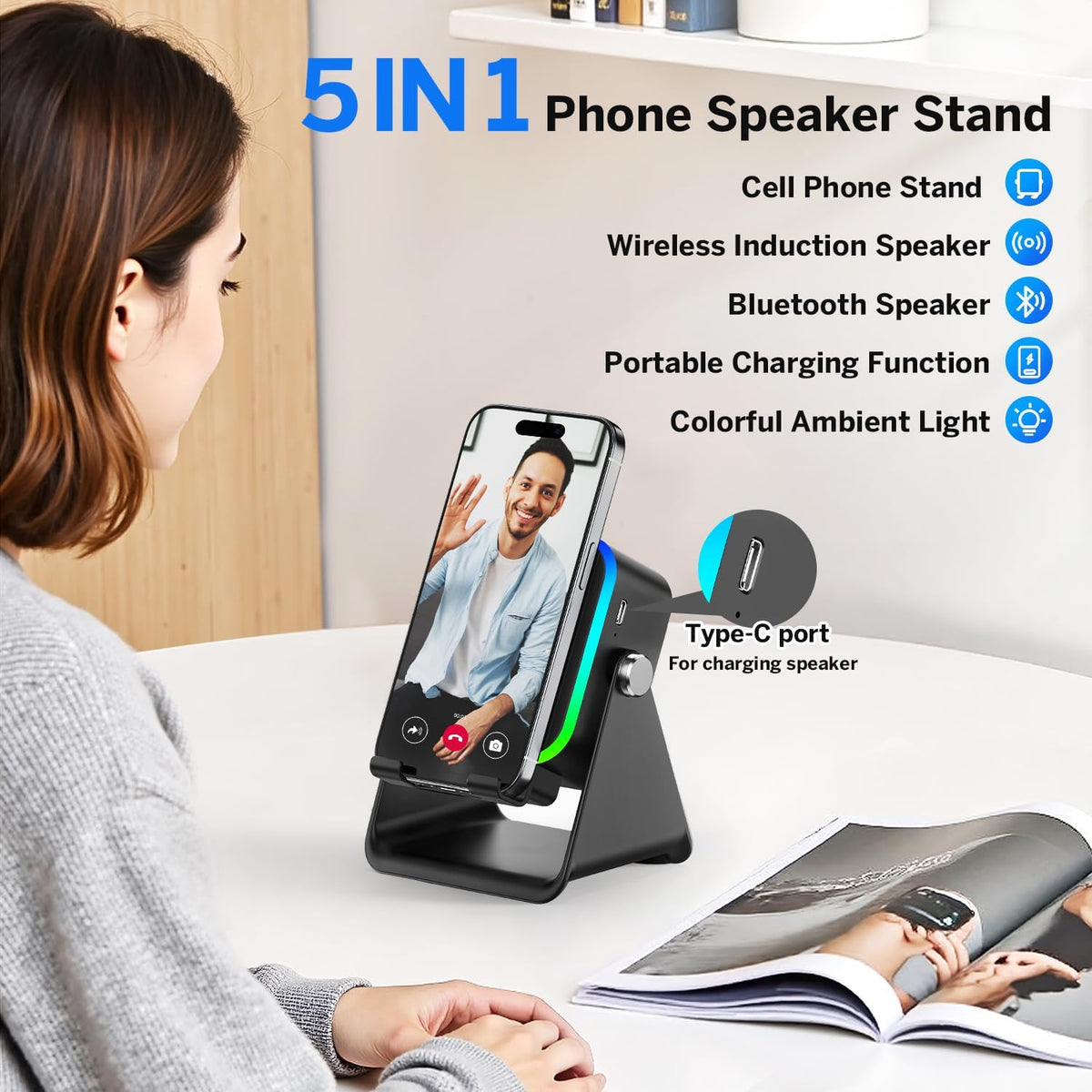 Resona 5-in-1 Wireless Induction Audio Speaker Stand with 360° Adjustment & Ambient Lights